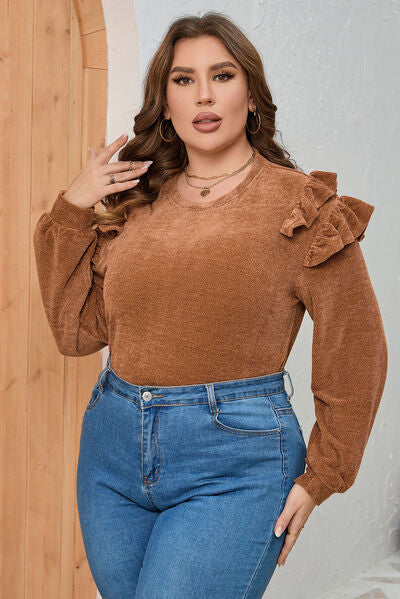 Plus Size Ruffled Round Neck Long Sleeve T-Shirt - Brinxx Couture