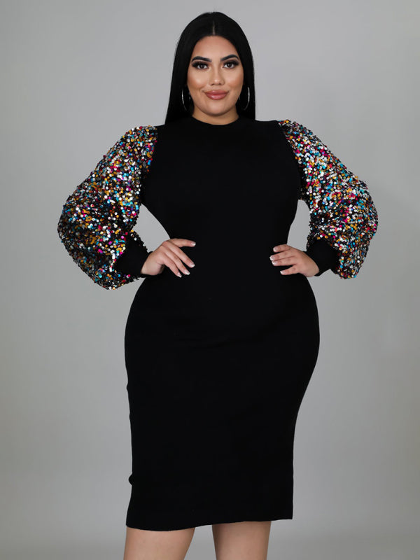 Plus Size Sequin Puff Sleeve Dress - Brinxx Couture