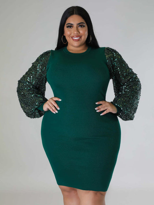 Plus Size Sequin Puff Sleeve Dress - Brinxx Couture