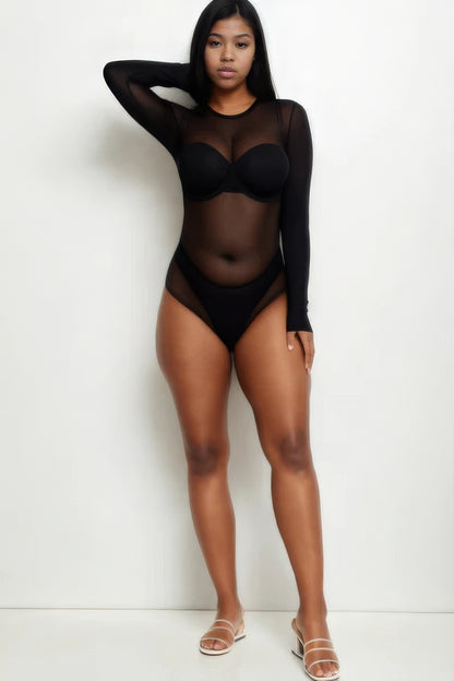 Plus Size Sexy Sheer Mesh Long Sleeve Bodysuit - Brinxx Couture