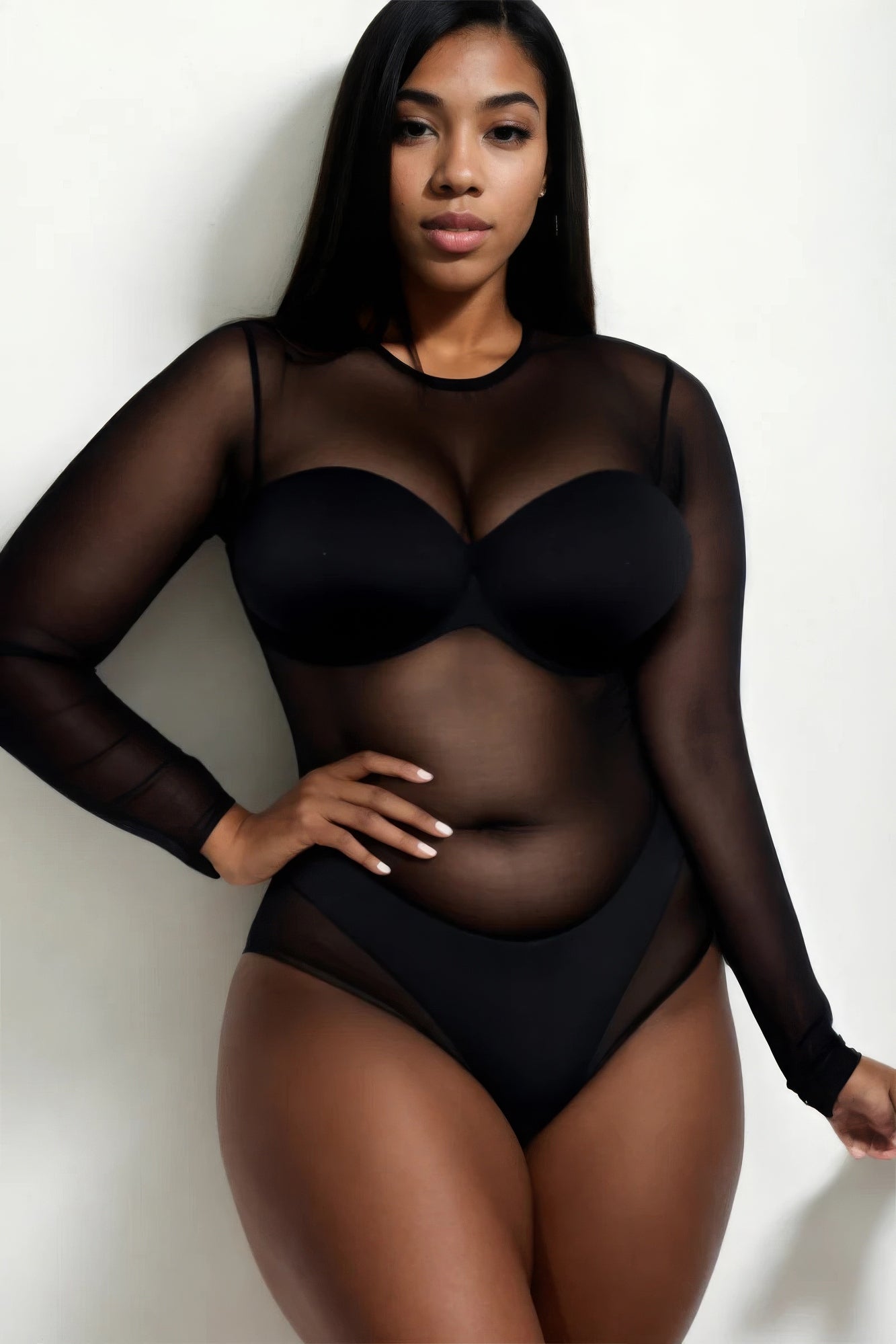 Plus Size Sexy Sheer Mesh Long Sleeve Bodysuit - Brinxx Couture