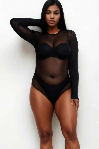 Plus Size Sexy Sheer Mesh Long Sleeve Bodysuit - Brinxx Couture