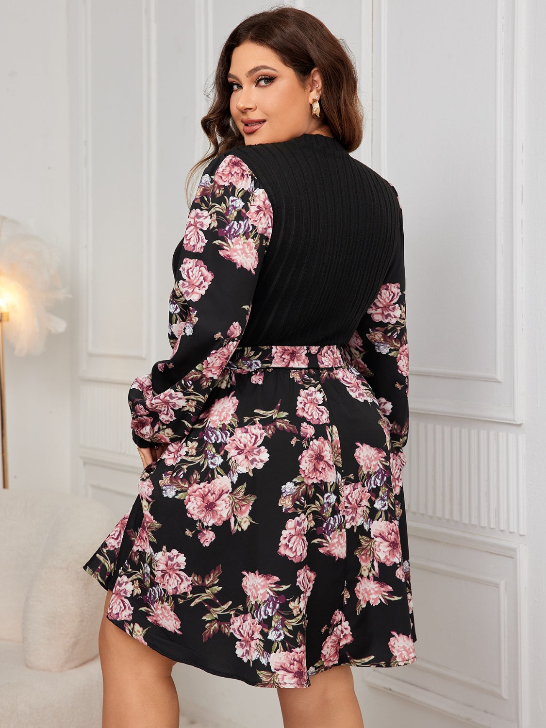 Plus Size Tied Floral Print Long Sleeve Dress - Brinxx Couture