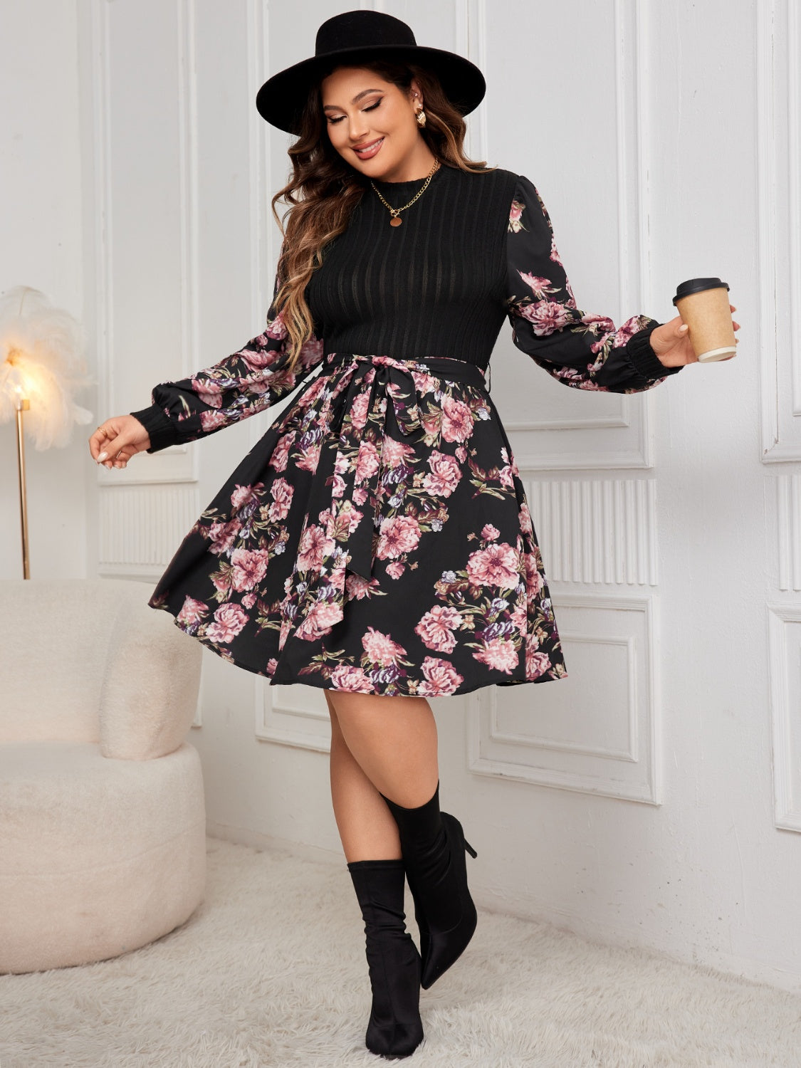 Plus Size Tied Floral Print Long Sleeve Dress - Brinxx Couture