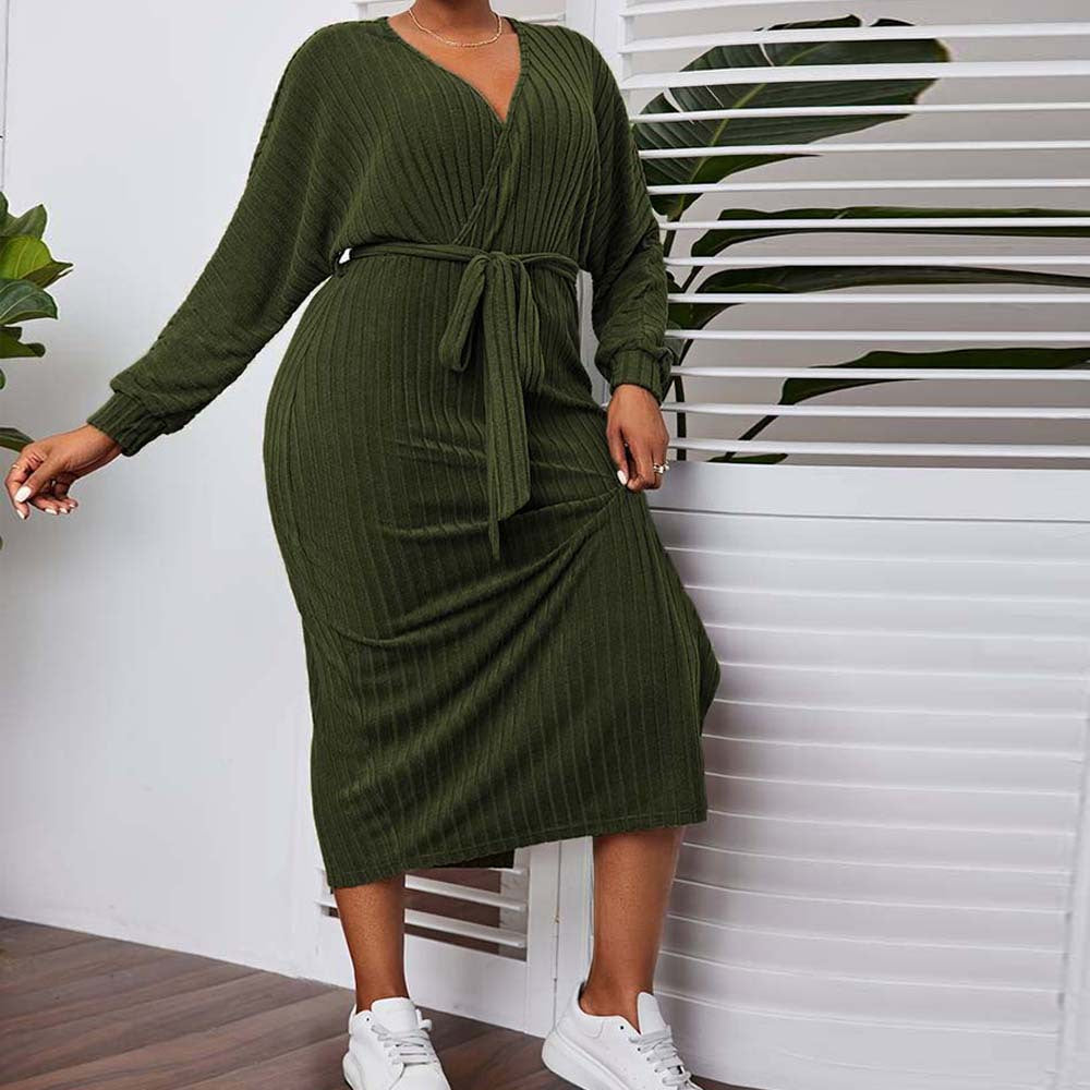 A stylish Plus Size V neck Lantern Sleeve Dress for women. this piece adds a touch of elegance to your outfit - Brinxx Couture