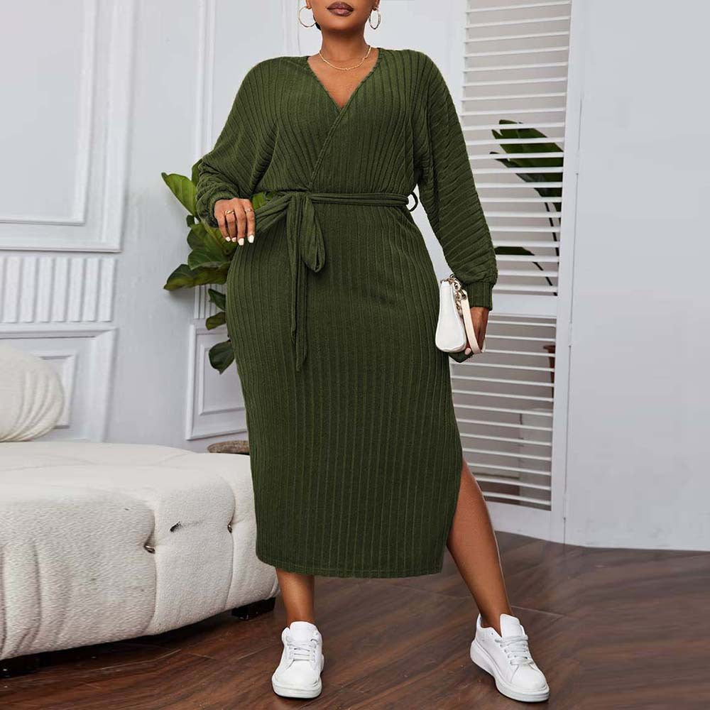 A stylish Plus Size V neck Lantern Sleeve Dress for women. this piece adds a touch of elegance to your outfit - Brinxx Couture