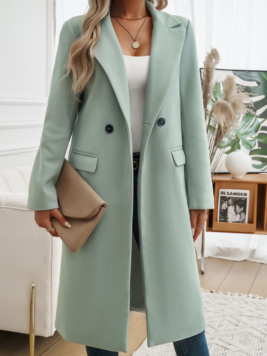 Pocketed Collared Neck Long Sleeve Coat - Brinxx Couture