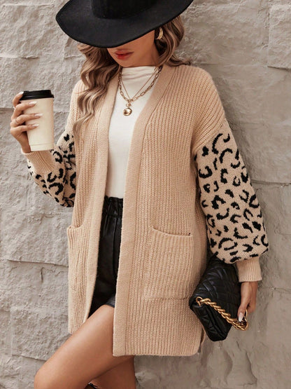 A stylish Pocketed Leopard Open Front Cardigan for women. this piece adds a touch of elegance to your outfit - Brinxx Couture