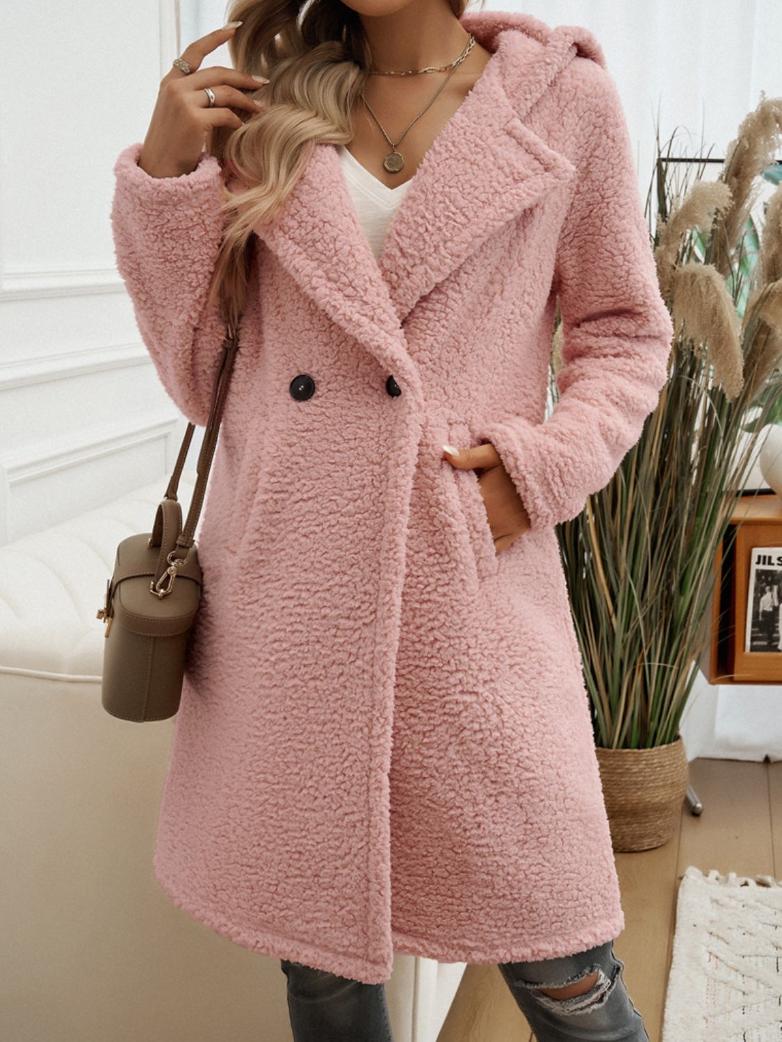 Pocketed Long Sleeve Hooded Teddy Coat - Brinxx Couture