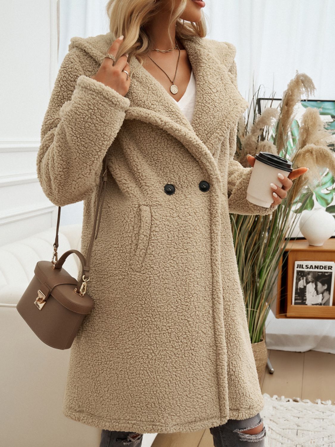 Pocketed Long Sleeve Hooded Teddy Coat - Brinxx Couture