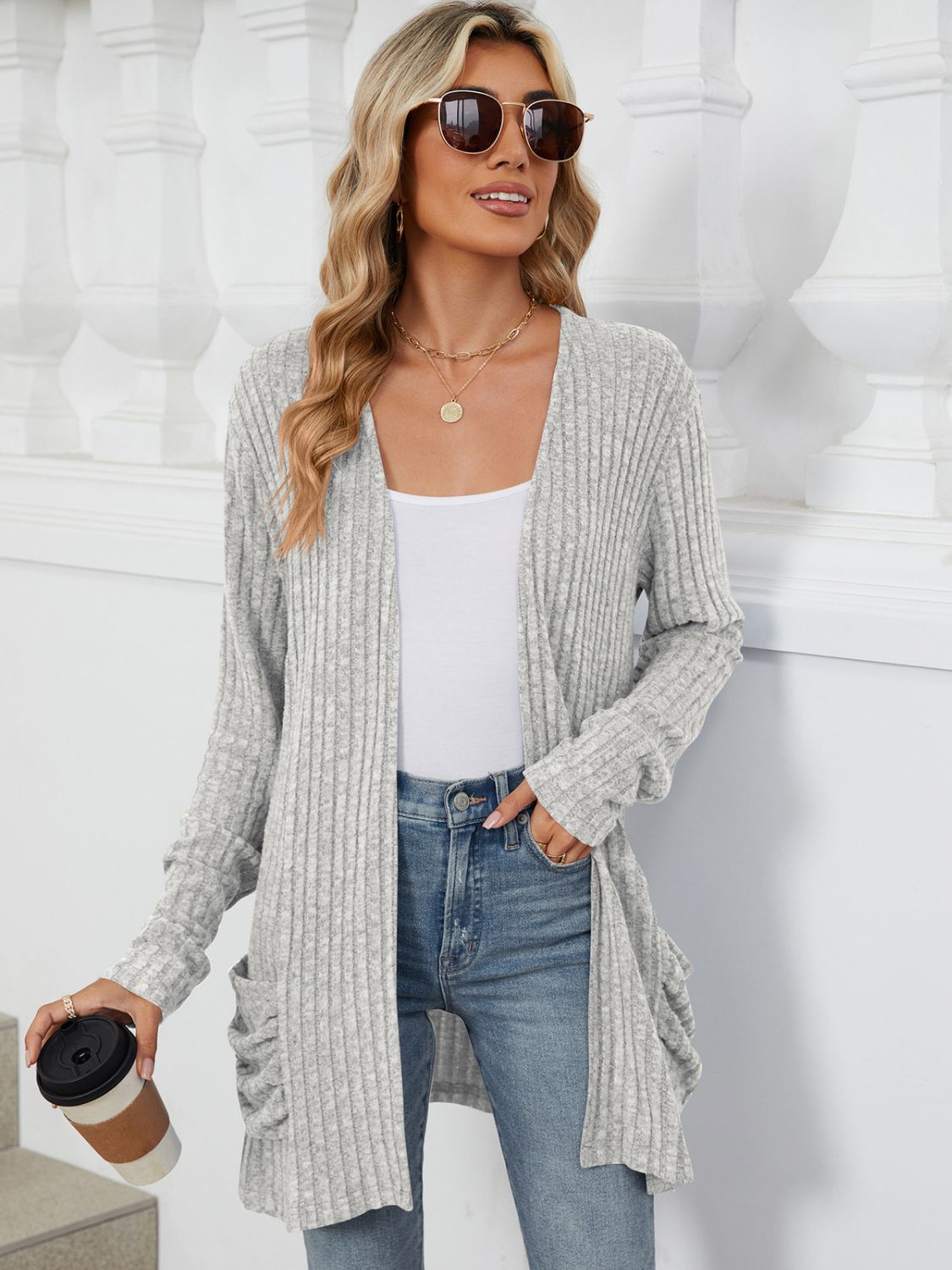 Pocketed Open Front Long Sleeve Cardigan - Brinxx Couture