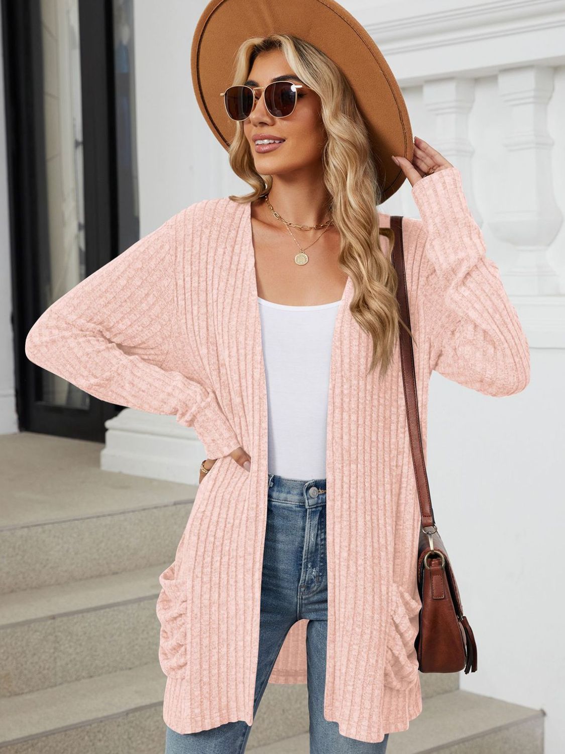 Pocketed Open Front Long Sleeve Cardigan - Brinxx Couture