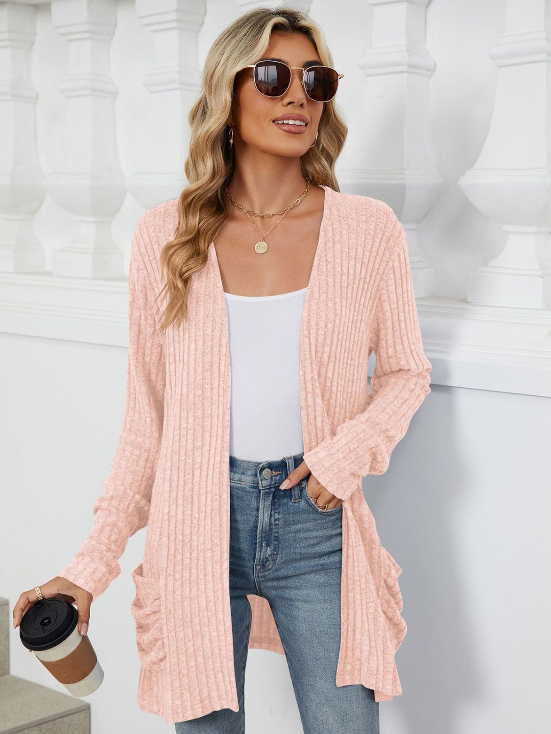 Pocketed Open Front Long Sleeve Cardigan - Brinxx Couture