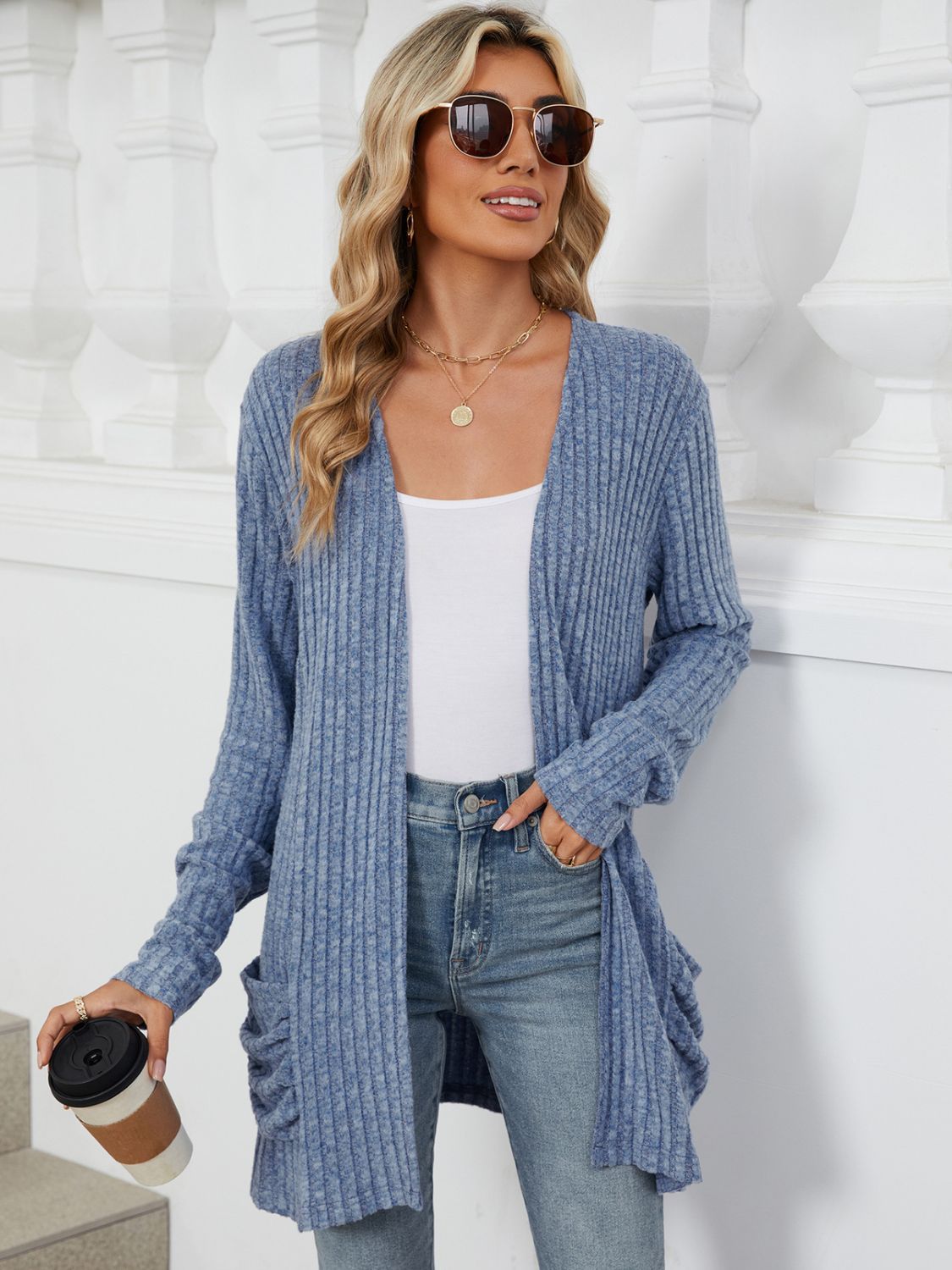 Pocketed Open Front Long Sleeve Cardigan - Brinxx Couture