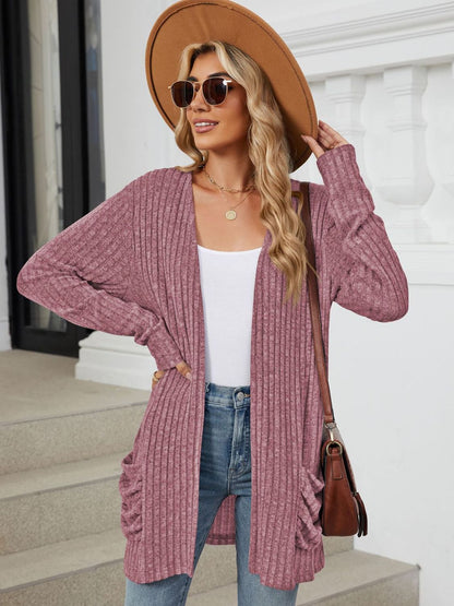 Pocketed Open Front Long Sleeve Cardigan - Brinxx Couture