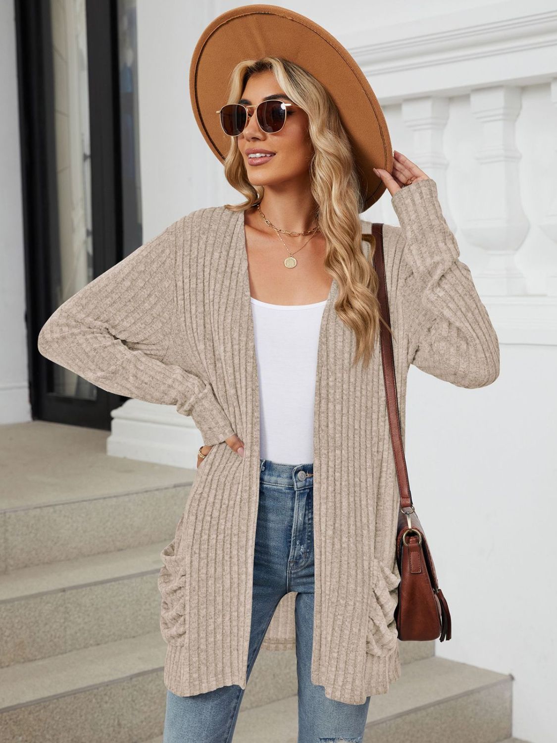 Pocketed Open Front Long Sleeve Cardigan - Brinxx Couture