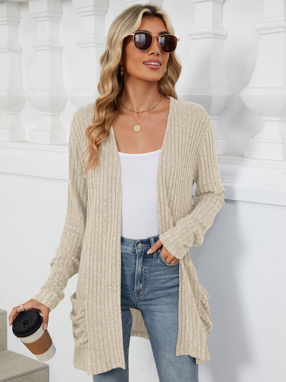 Pocketed Open Front Long Sleeve Cardigan - Brinxx Couture