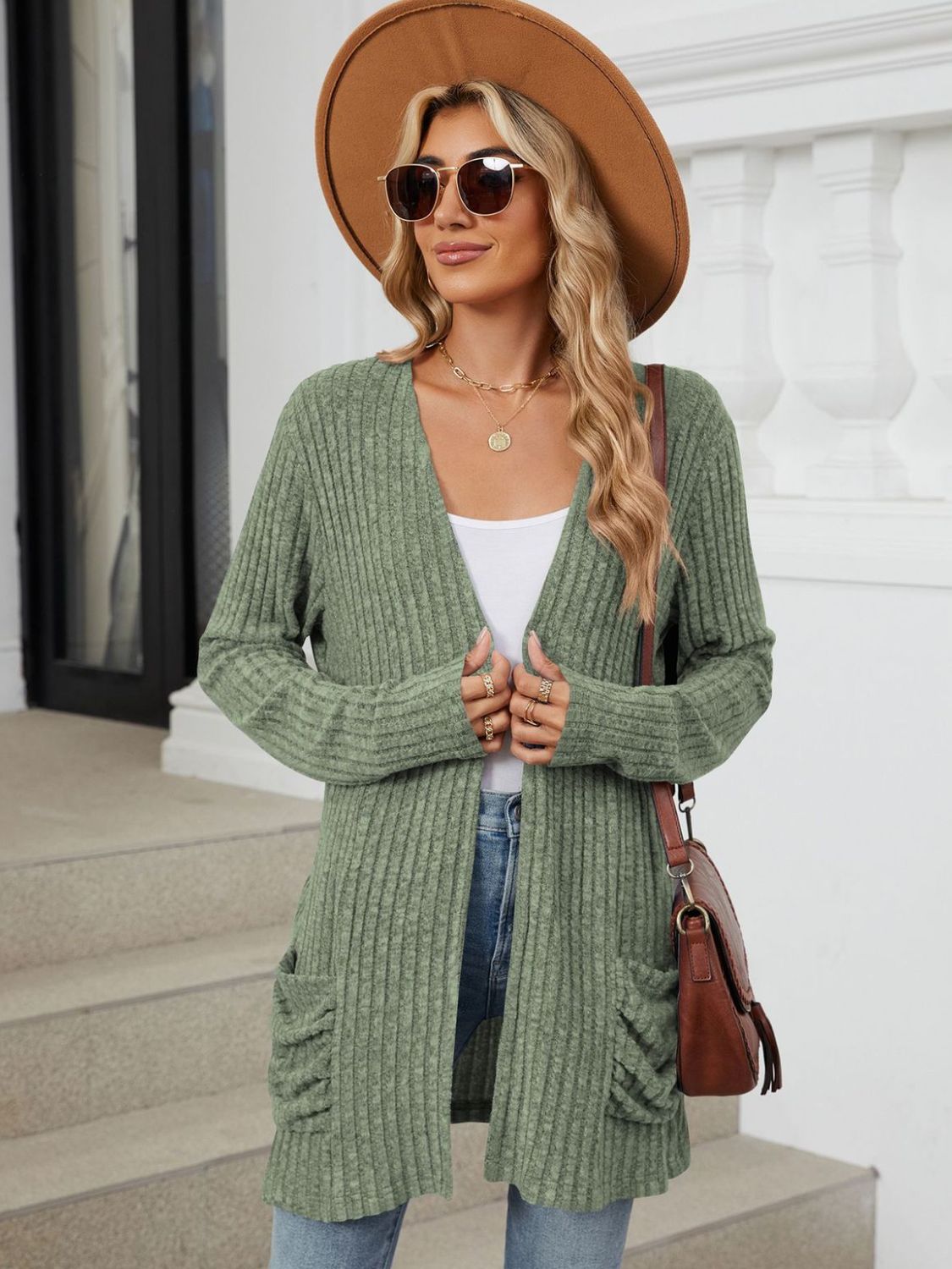 Pocketed Open Front Long Sleeve Cardigan - Brinxx Couture