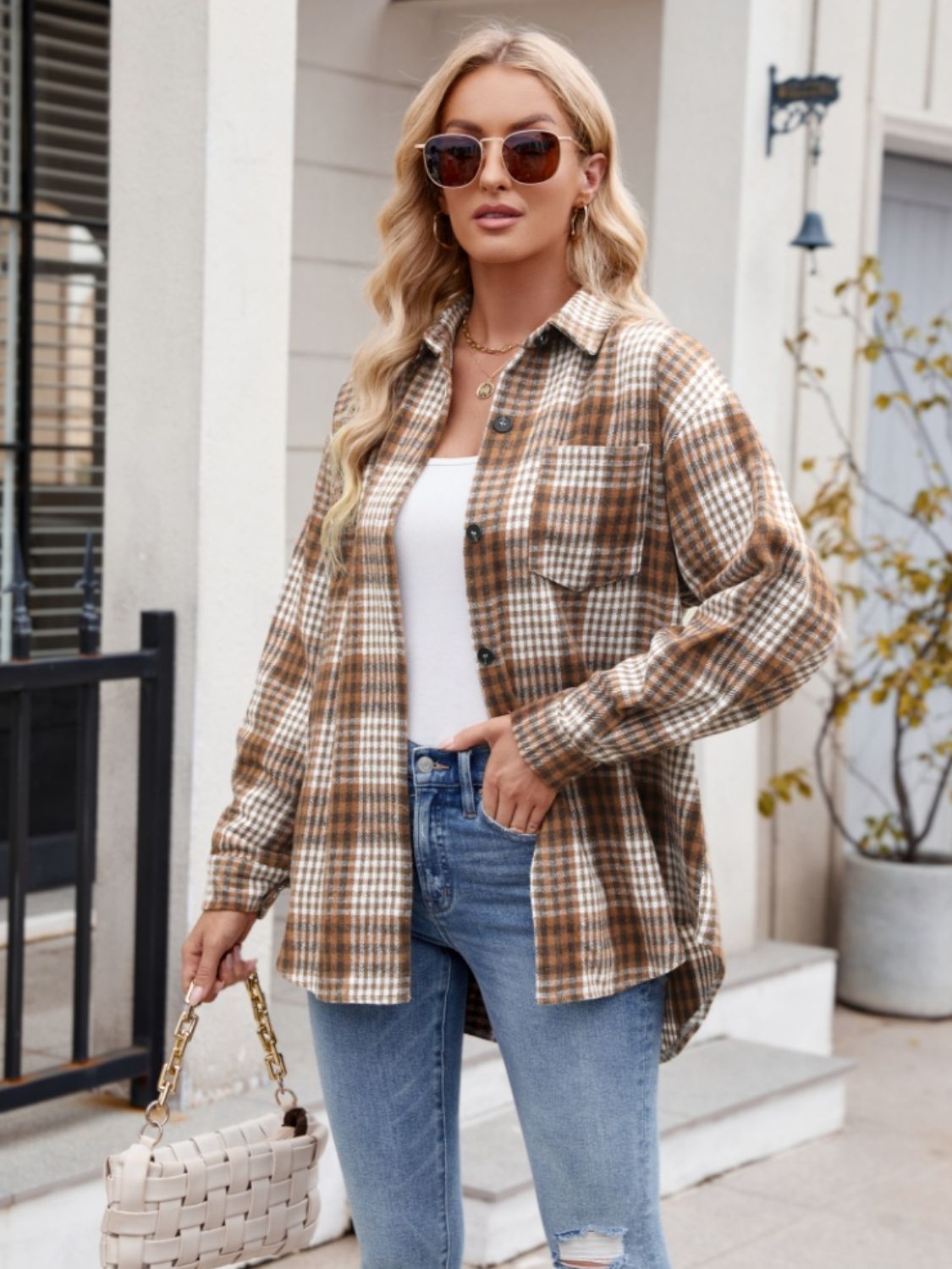 Pocketed Plaid Collared Neck Long Sleeve Shirt - Brinxx Couture