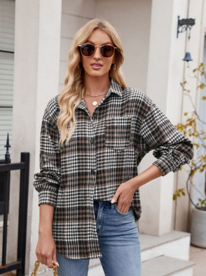 Pocketed Plaid Collared Neck Long Sleeve Shirt - Brinxx Couture