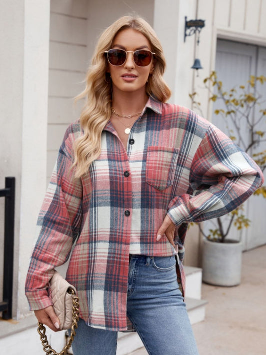 Pocketed Plaid Collared Neck Long Sleeve Shirt - Brinxx Couture