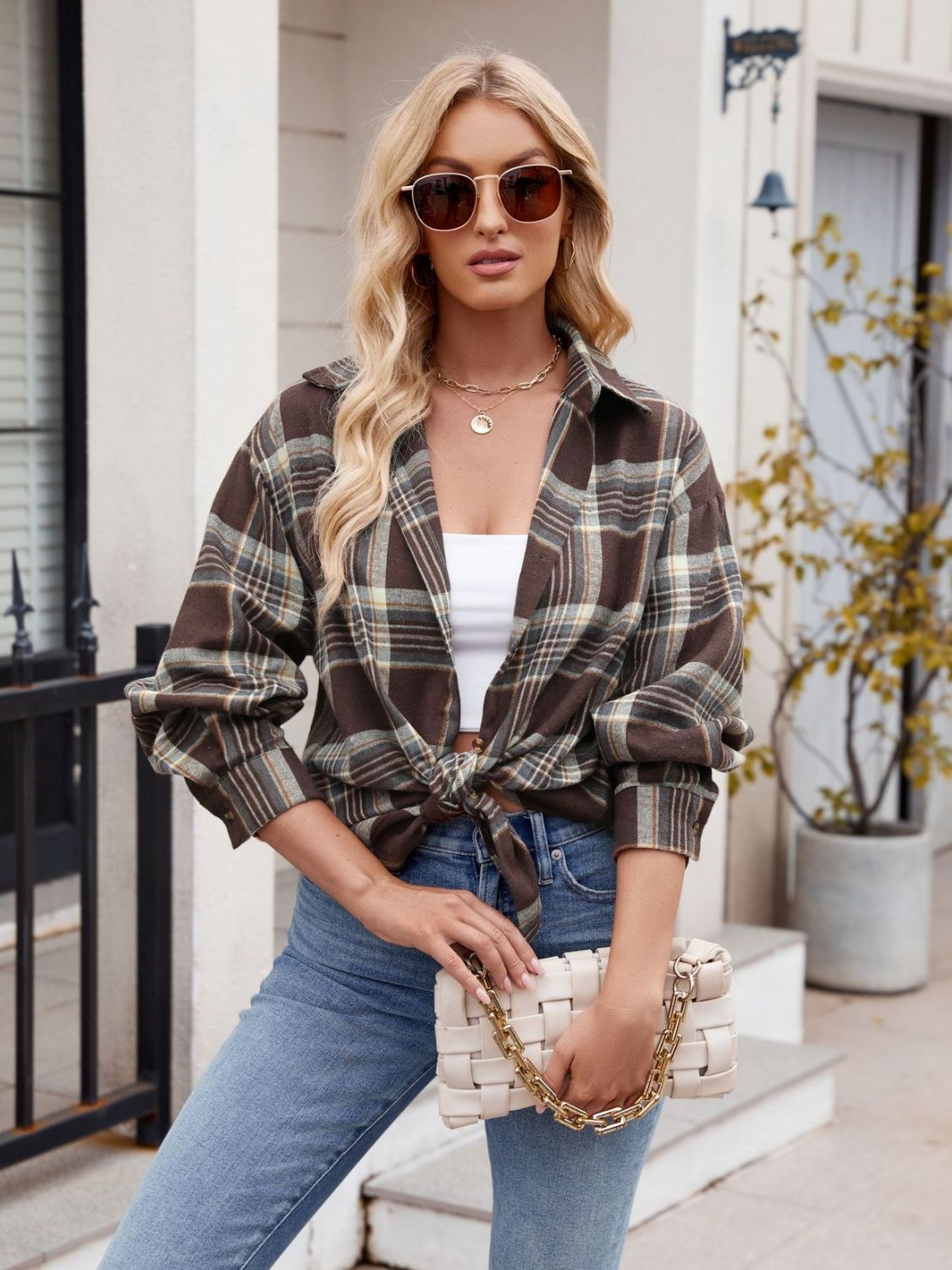 Pocketed Plaid Collared Neck Long Sleeve Shirt - Brinxx Couture