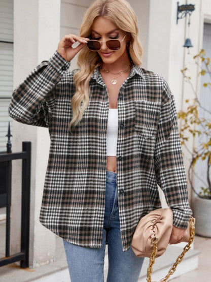 Pocketed Plaid Collared Neck Long Sleeve Shirt - Brinxx Couture