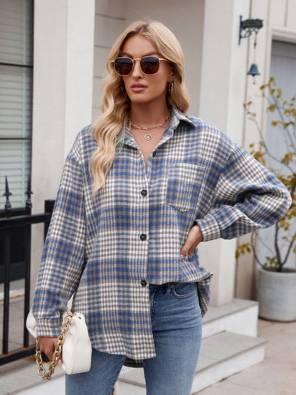 Pocketed Plaid Collared Neck Long Sleeve Shirt - Brinxx Couture