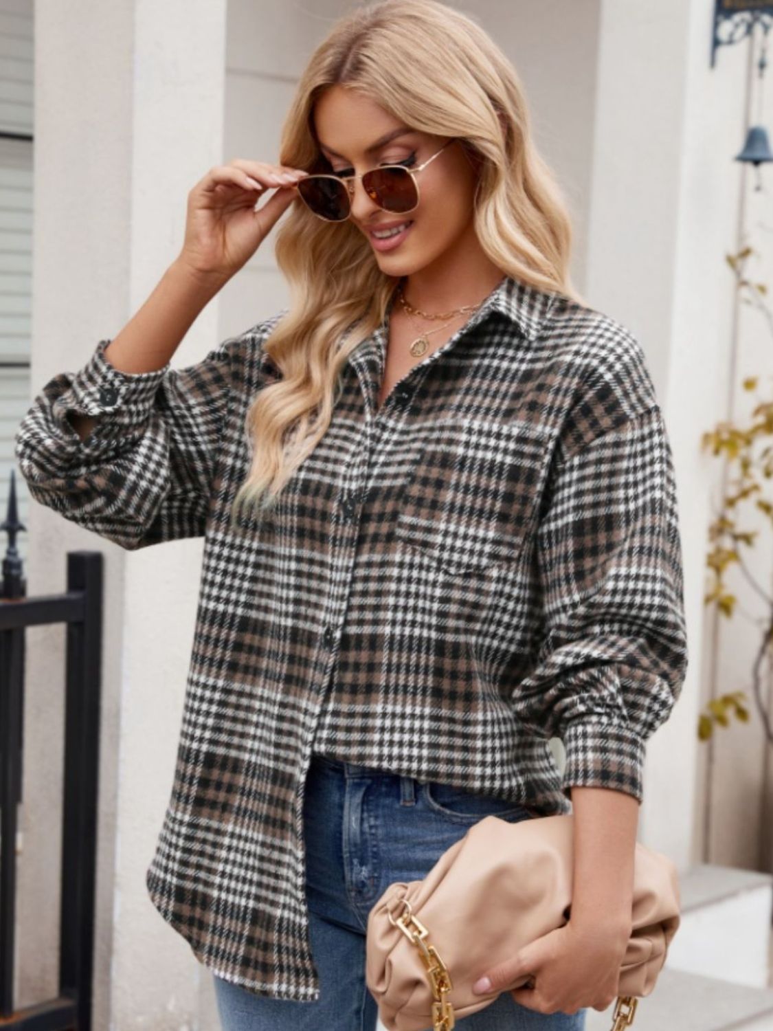 Pocketed Plaid Collared Neck Long Sleeve Shirt - Brinxx Couture