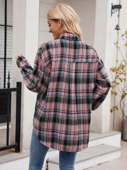 Pocketed Plaid Collared Neck Long Sleeve Shirt - Brinxx Couture