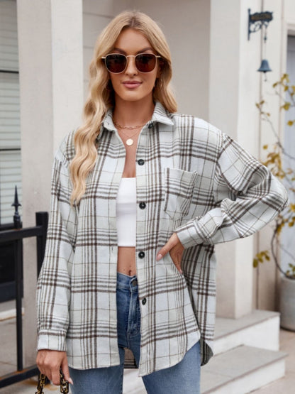 Pocketed Plaid Collared Neck Long Sleeve Shirt - Brinxx Couture