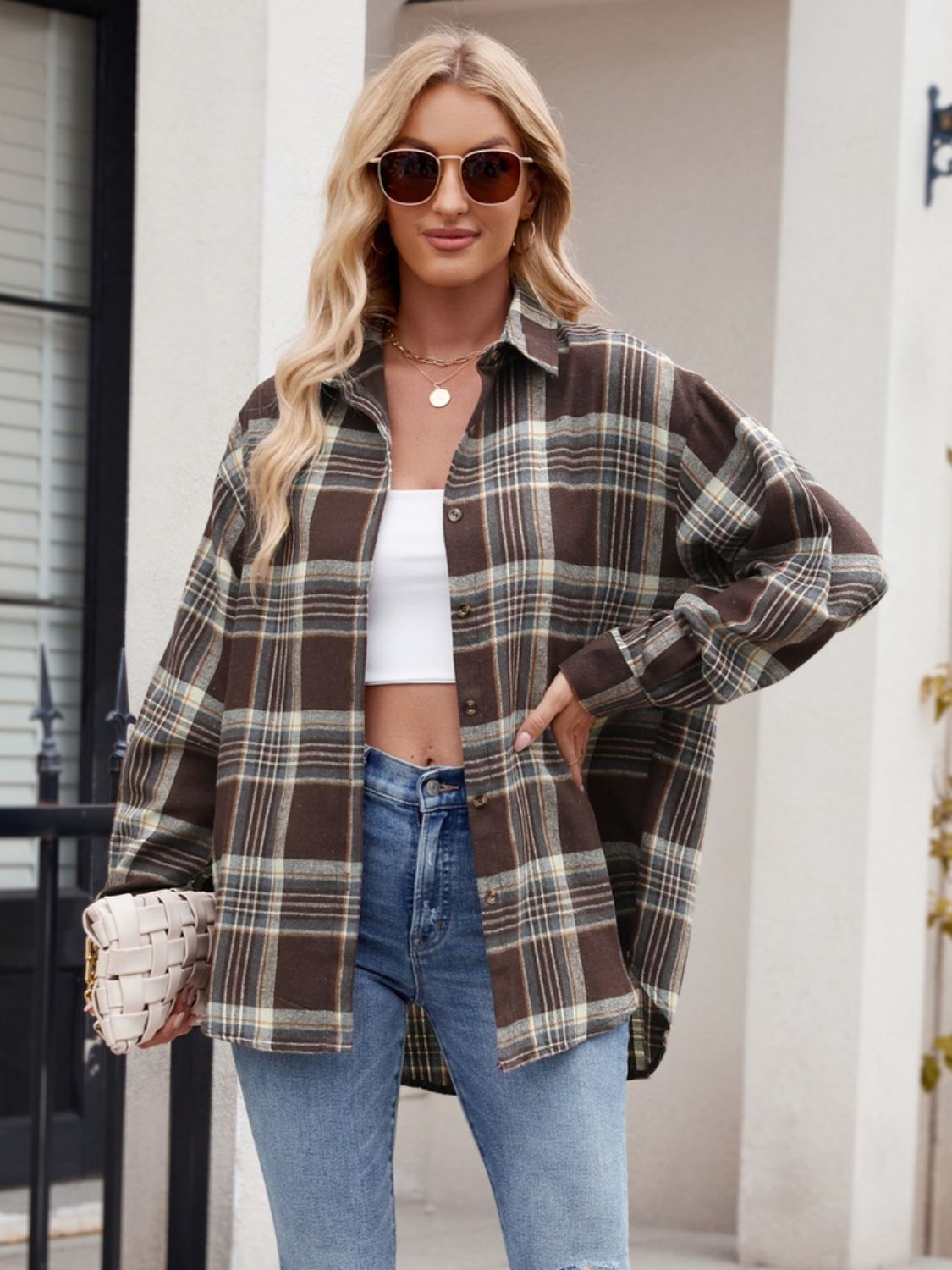 Pocketed Plaid Collared Neck Long Sleeve Shirt - Brinxx Couture