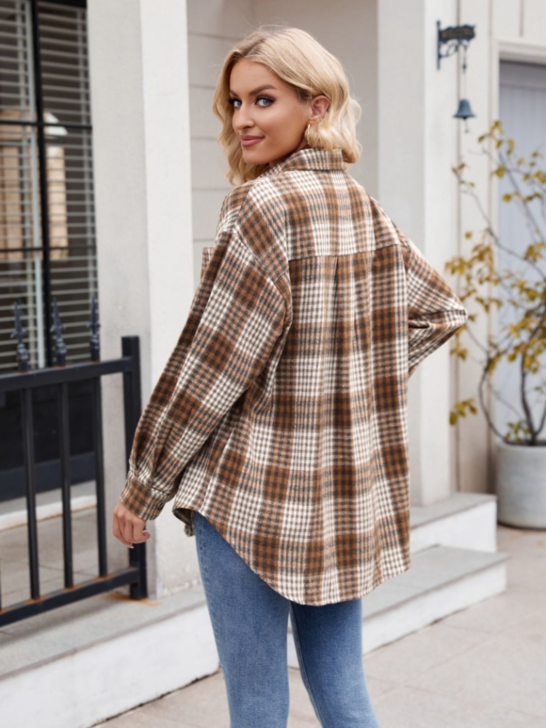 Pocketed Plaid Collared Neck Long Sleeve Shirt - Brinxx Couture