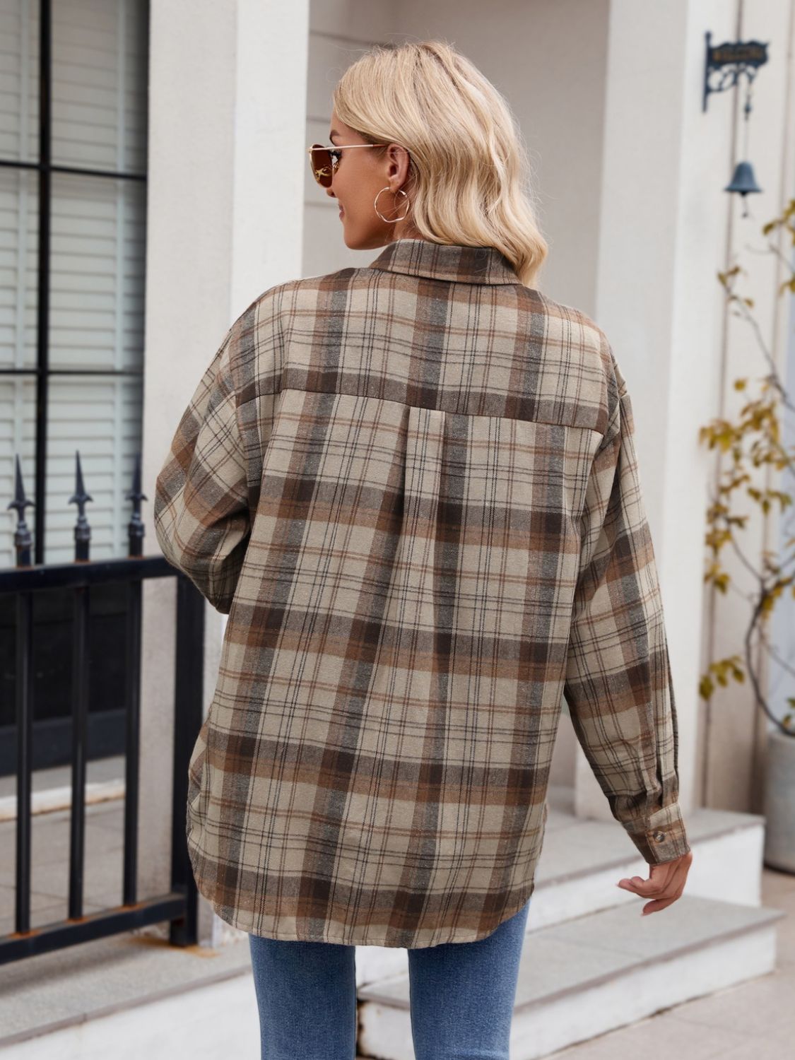 Pocketed Plaid Collared Neck Long Sleeve Shirt - Brinxx Couture