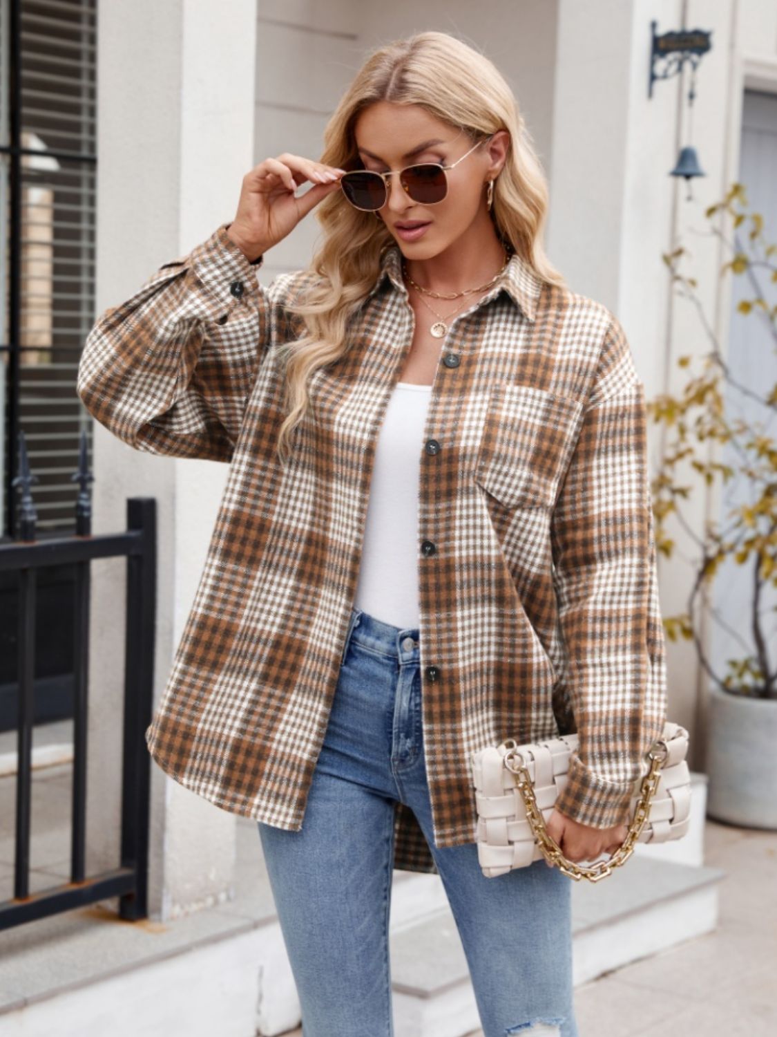 Pocketed Plaid Collared Neck Long Sleeve Shirt - Brinxx Couture