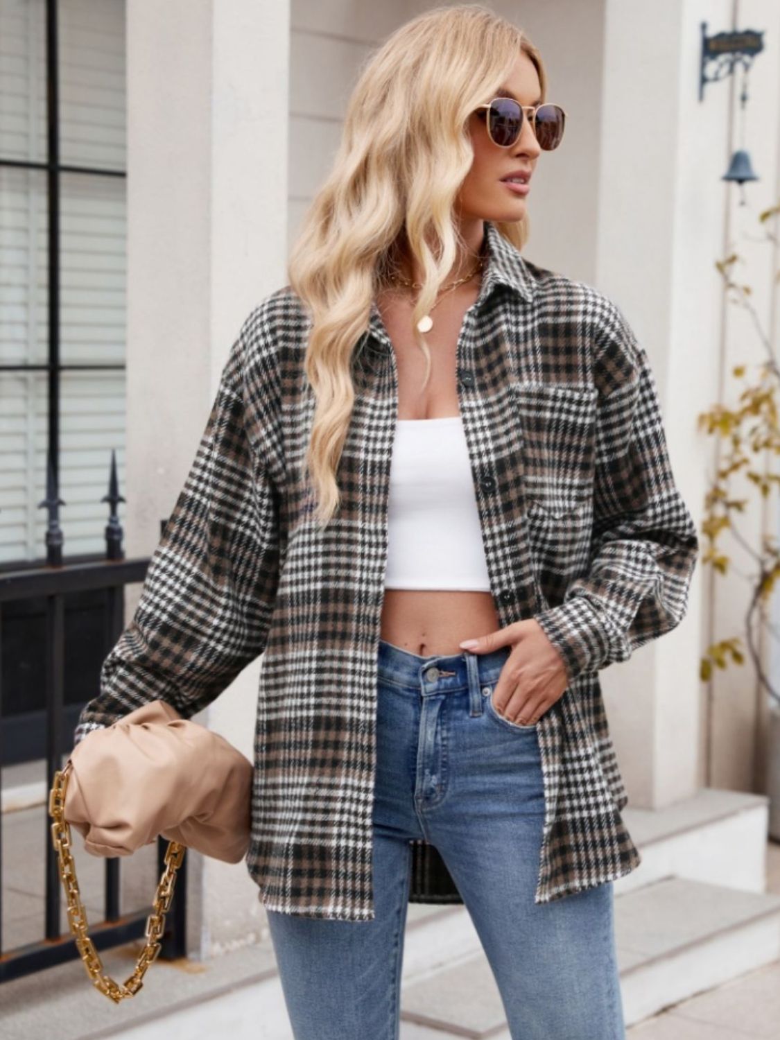 Pocketed Plaid Collared Neck Long Sleeve Shirt - Brinxx Couture