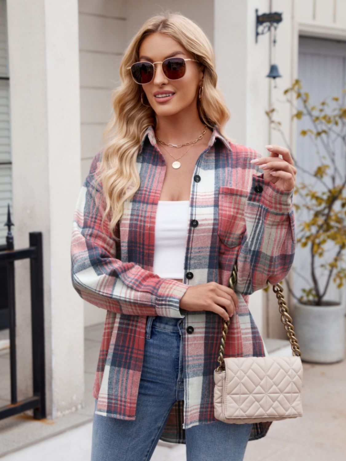 Pocketed Plaid Collared Neck Long Sleeve Shirt - Brinxx Couture