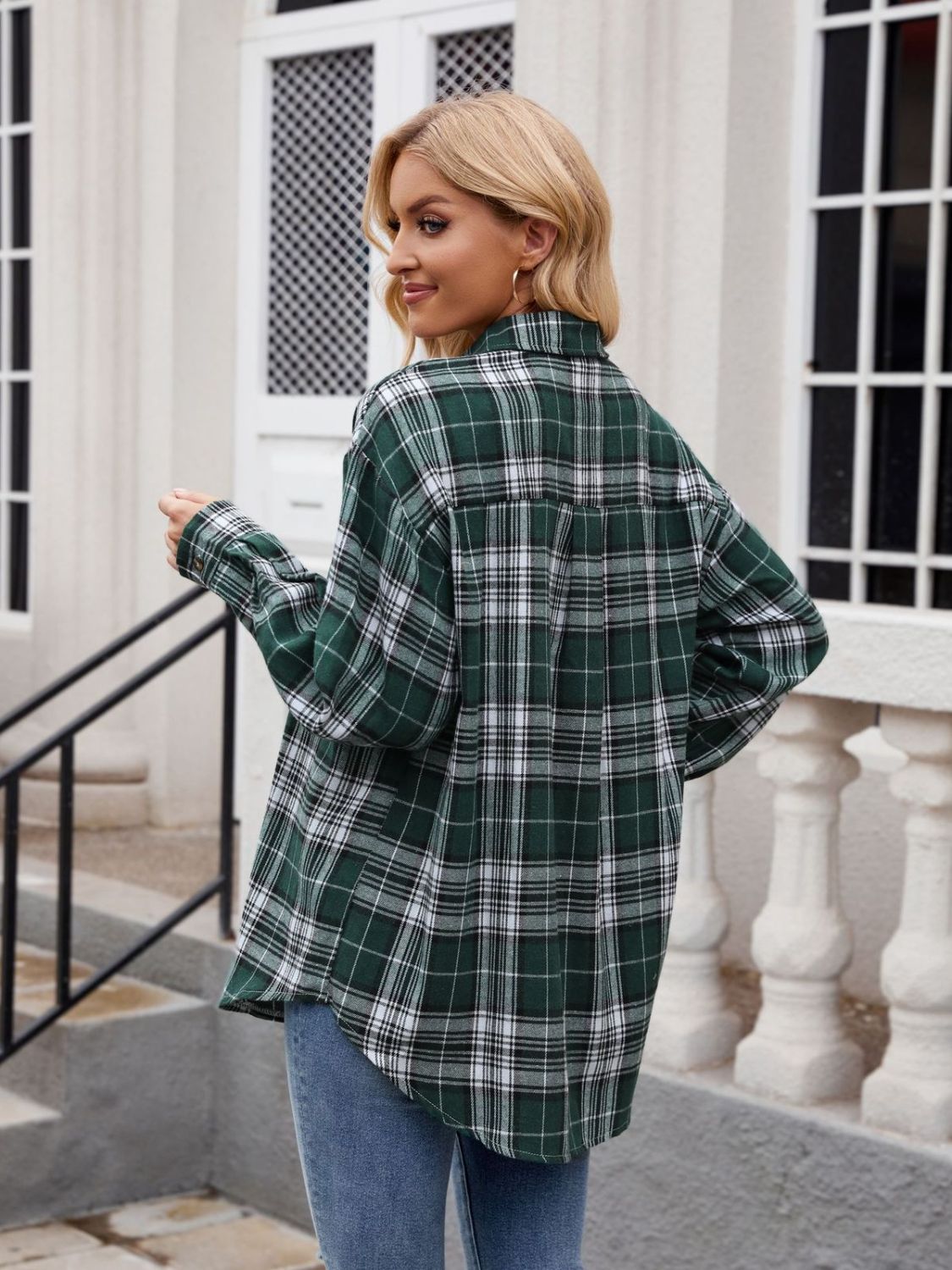 Pocketed Plaid Collared Neck Long Sleeve Shirt - Brinxx Couture