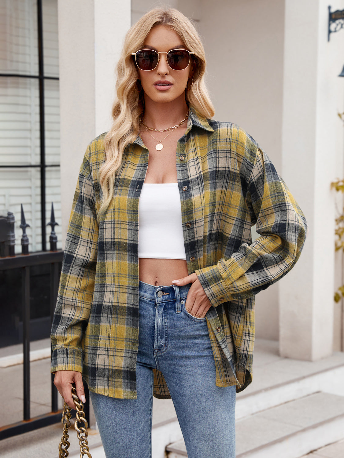 Pocketed Plaid Collared Neck Long Sleeve Shirt - Brinxx Couture