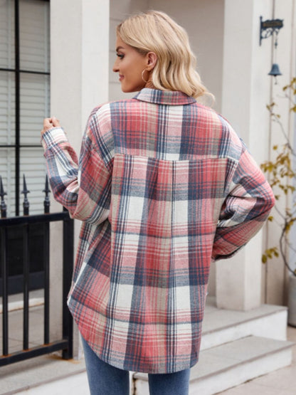 Pocketed Plaid Collared Neck Long Sleeve Shirt - Brinxx Couture