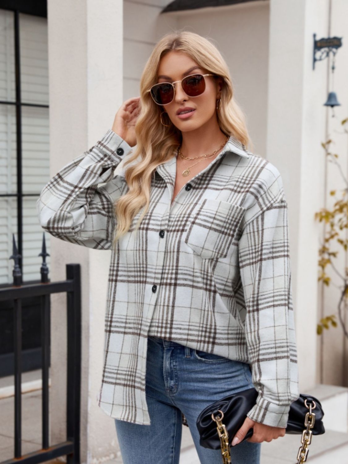 Pocketed Plaid Collared Neck Long Sleeve Shirt - Brinxx Couture