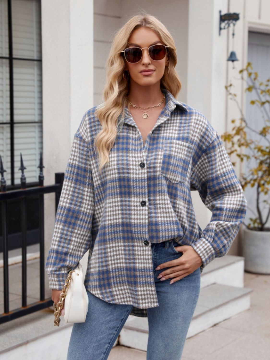 Pocketed Plaid Collared Neck Long Sleeve Shirt - Brinxx Couture