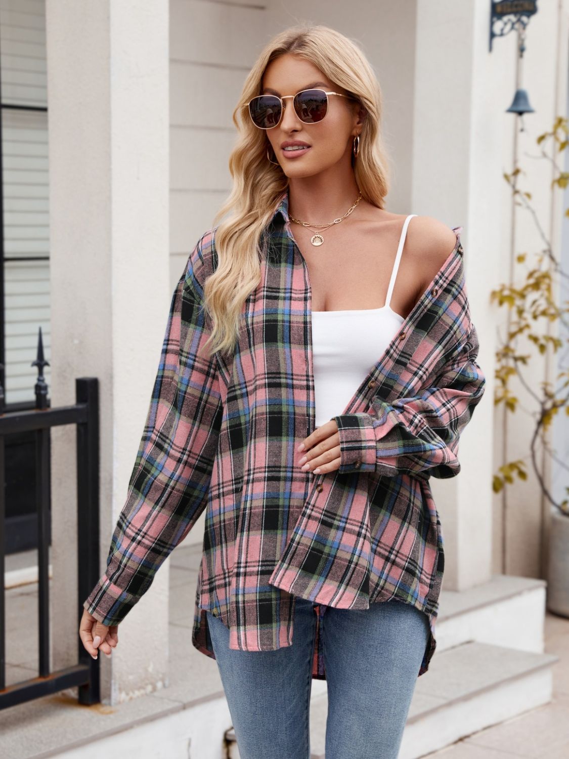 Pocketed Plaid Collared Neck Long Sleeve Shirt - Brinxx Couture