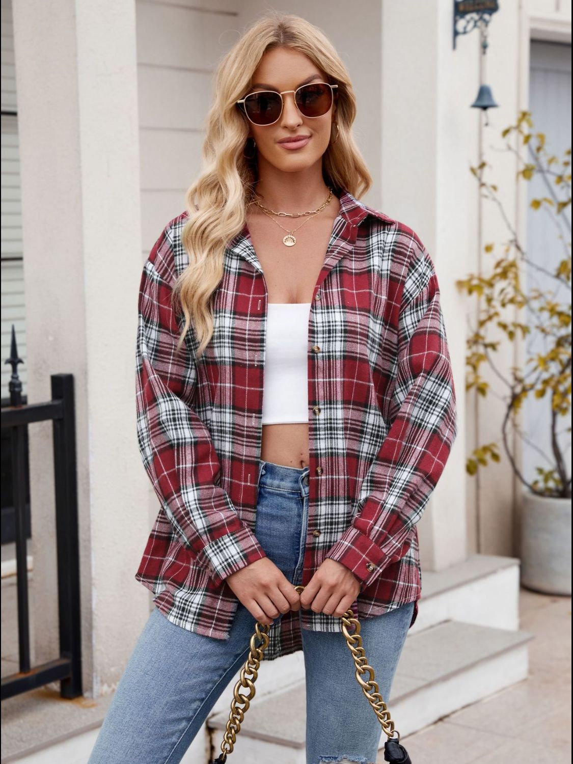 Pocketed Plaid Collared Neck Long Sleeve Shirt - Brinxx Couture