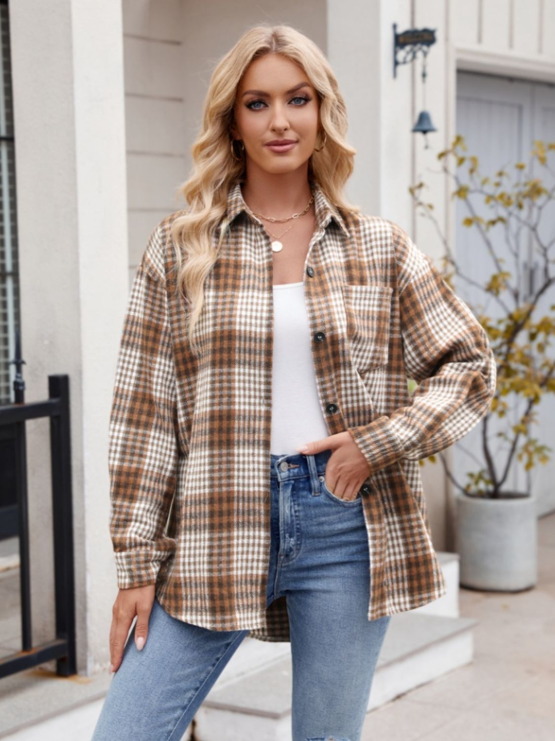 Pocketed Plaid Collared Neck Long Sleeve Shirt - Brinxx Couture