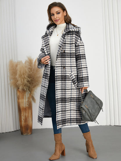 A stylish Polo Collar Hooded Plaid Long Coat for women. this piece adds a touch of elegance to your outfit - Brinxx Couture