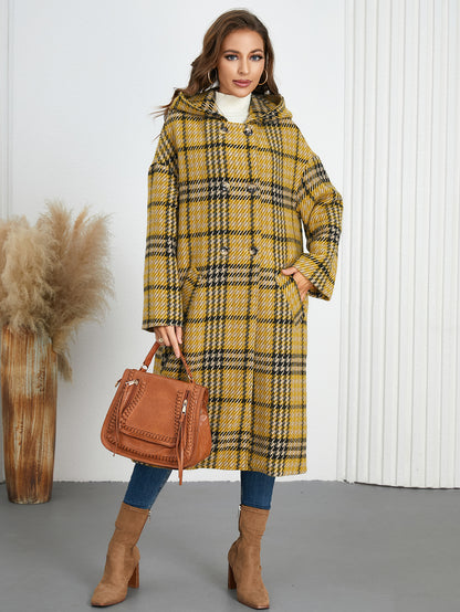 A stylish Polo Collar Hooded Plaid Long Coat for women. this piece adds a touch of elegance to your outfit - Brinxx Couture