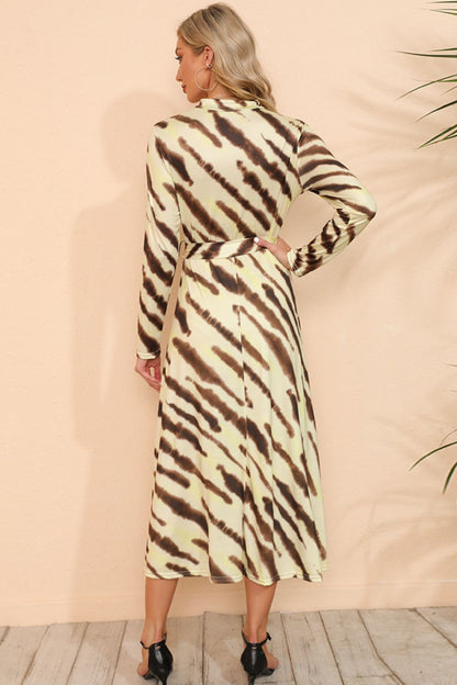 Printed Mock Neck Long Sleeve Slit Dress - Brinxx Couture