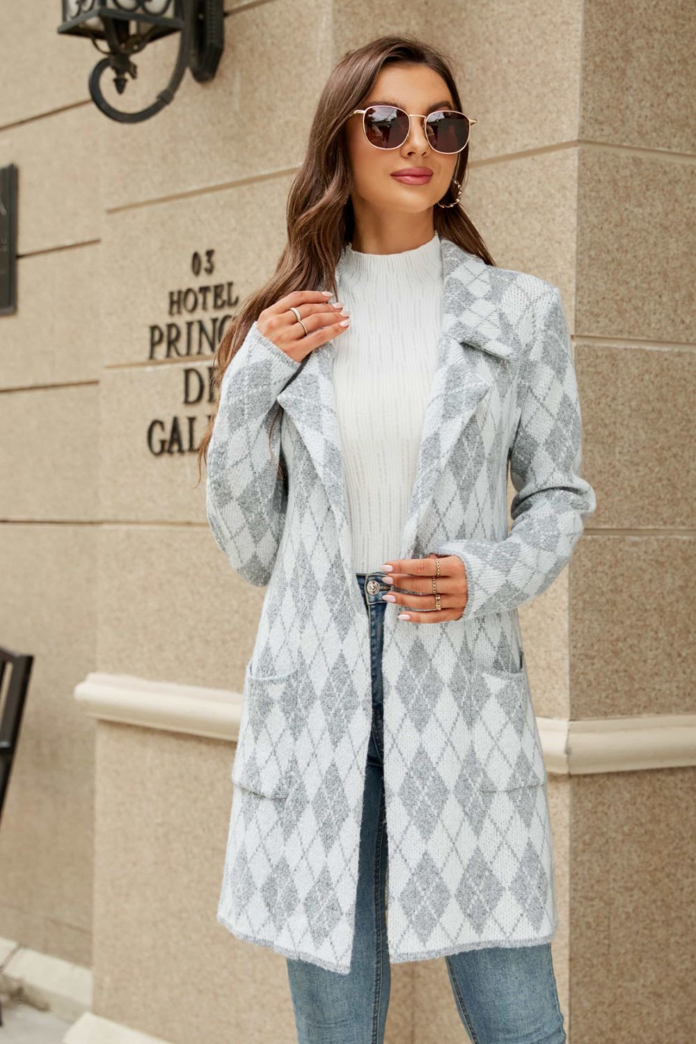 Printed Open Front Lapel Collar Cardigan with Pockets - Brinxx Couture