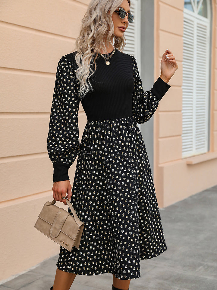 Printed Round Neck Long Sleeve Dress - Brinxx Couture